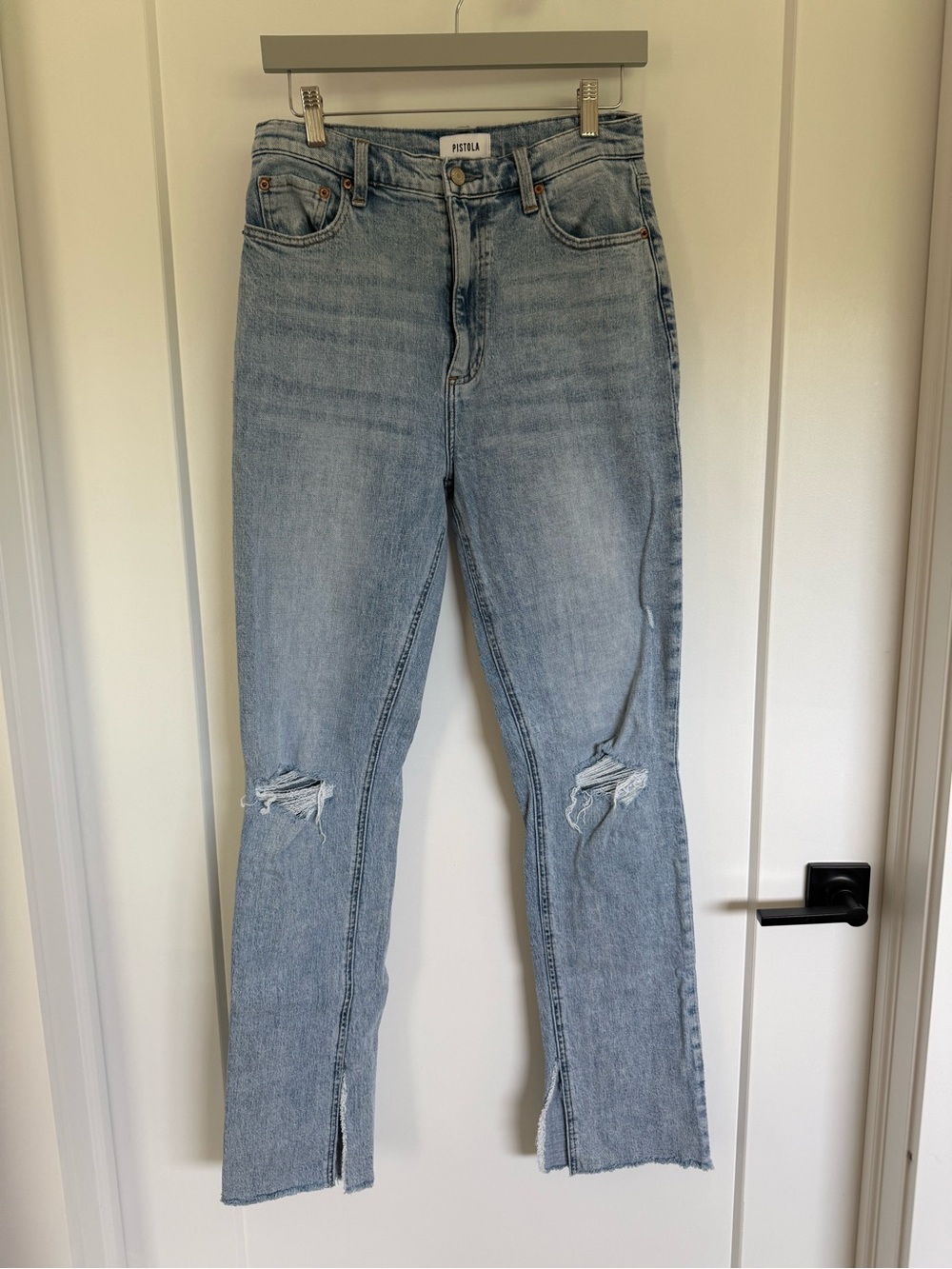 Pistola Light Blue Distressed Straight Jeans with Knee Rips